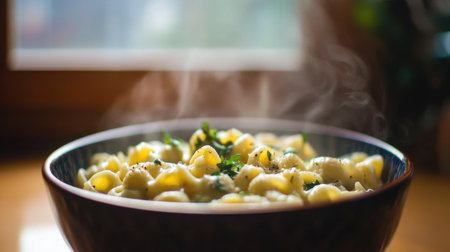 A steaming bowl of pasta sits invitingly on a wooden surface, with fresh herbs and warm tones creating a cozy atmosphere perfect for comfort food lovers.の素材