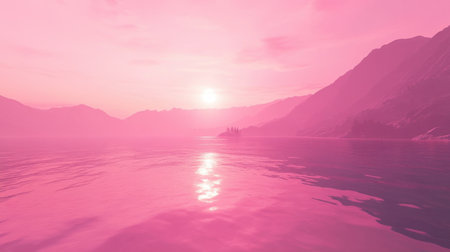 This stunning image captures a serene pink sunset over tranquil waters, creating a peaceful atmosphere with distant mountains. Ideal for nature lovers.の素材