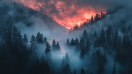 A captivating view of a misty forest at dawn, showcasing vibrant colors of a fiery sunset peeking through lush evergreen trees, creating a serene atmosphere.の素材
