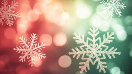 Captivating image of elegant snowflakes gently floating against a soft, colorful bokeh background in red and green tones, perfect for winter-themed decorations.の素材