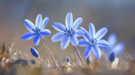A captivating image of delicate blue flowers blooming gently in soft natural light, showcasing the beauty of spring and the tranquility of nature.の素材