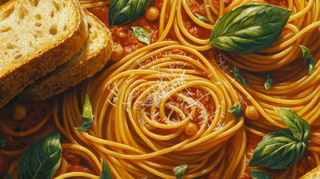 This vibrant image features a bowl of delicious spaghetti topped with rich tomato sauce and fresh basil. Next to it, crispy bread slices enhance the meal, perfect for any dining occasion.の素材
