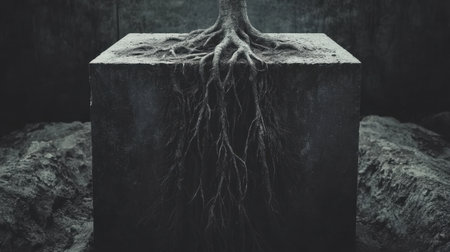 A striking depiction of roots emerging from a stark concrete block, evoking themes of strength, resilience, and the connection between nature and urban environments.の素材