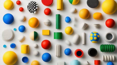 An abstract arrangement of colorful geometric shapes including spheres, cubes, cylinders, and more. Ideal for creative projects, education, and inspiration.の素材