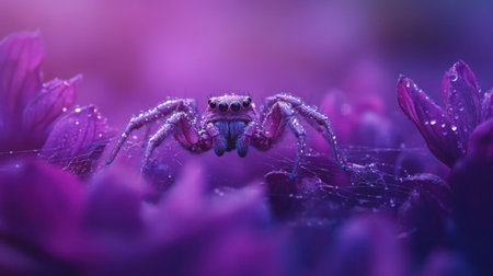 This captivating image features a close-up of a colorful spider surrounded by vibrant flowers, enhanced by water droplets. The dreamy atmosphere invites viewers into a magical nature scene.の素材