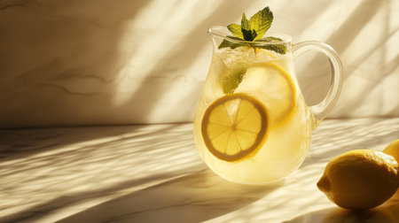 This image captures a refreshing lemonade in a stylish glass pitcher, garnished with mint leaves and lemon slices, evoking a sense of summer tranquility.の素材