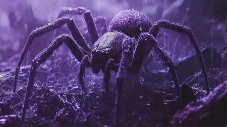 A mesmerizing close-up image of a spider, adorned with dew droplets and enveloped in a mysterious purple ambiance, capturing natureの素材