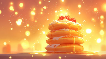 A stunning stack of fluffy pancakes adorned with fresh berries and drizzled with syrup, glowing in a warm, dreamy background. Perfect for breakfast lovers.の素材