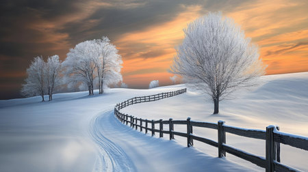 A captivating winter landscape featuring a winding path through fresh snow, framed by frosted trees and a rustic fence, illuminated by the warm hues of sunrise.の素材