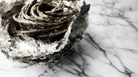 This stunning silver decorative bowl rests on a marble surface, offering a blend of modern elegance and artistic craftsmanship perfect for any stylish home.の素材