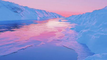 Experience a breathtaking winter landscape featuring an icy river reflecting vibrant sunset colors, surrounded by snow-covered cliffs and tranquil serenity.の素材