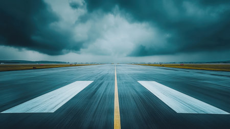 An atmospheric view of an empty airport runway stretching into the distance, under dark stormy clouds, creating a dramatic and reflective scene.の素材