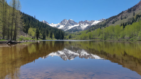 A stunning view of a calm lake reflecting majestic snow-capped mountains and vibrant green trees, capturing the essence of serene natural beauty in spring.の素材