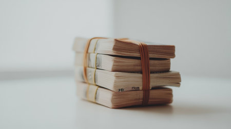 This image showcases neatly stacked bundles of cash secured with rubber bands, set against a minimalist background, creating a modern financial feel.の素材