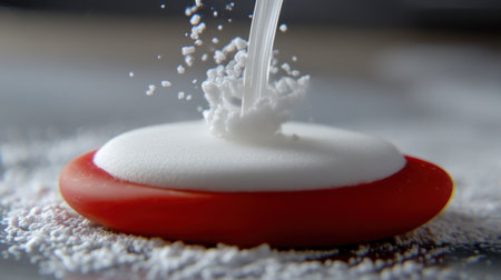 A close-up shot capturing the dynamic moment of white cream being poured onto a shiny red surface surrounded by fine powder, creating a captivating and artistic culinary scene.の素材