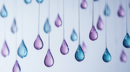 This stunning image features vibrant droplets of water in shades of blue and purple, elegantly suspended against a soft background, evoking freshness and beauty.の素材