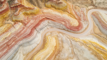Stunning aerial view showcasing vibrant striped rock formations intertwined with a meandering river, depicting the beauty of nature's artistry in a desert landscape.の素材