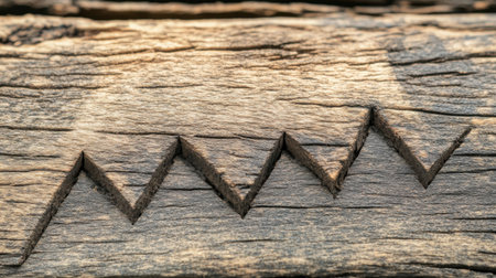 This close-up image showcases a unique carved zigzag pattern on a rustic wooden surface, emphasizing the beauty of natural textures and craftsmanship.の素材