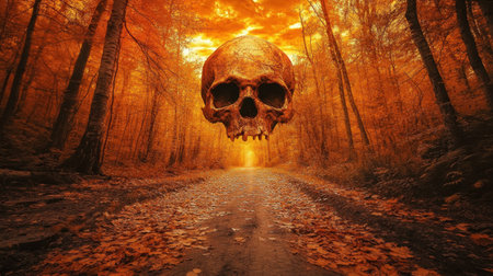 An intriguing autumn forest scene featuring a floating skull above a winding pathway. The vibrant orange sky casts a surreal and eerie ambiance, evoking mystery.の素材
