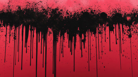 This image features a striking abstract design with black paint drips against a bold red background, perfect for enhancing creative projects and artistic expressions.の素材