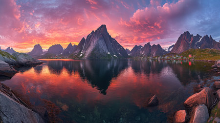 This breathtaking panorama captures a stunning sunset over majestic mountains, with vibrant colors mirrored in the calm waters of a serene fjord.の素材