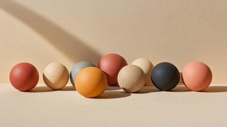 A captivating arrangement of colorful round objects placed on a soft, neutral background, showcasing artistic shadows and textures in a minimalist style.の素材