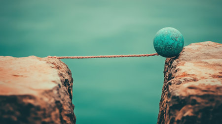 A striking image capturing the delicate balance of a round sphere suspended between two rugged rocks, set against a tranquil water backdrop, exuding peace.の素材