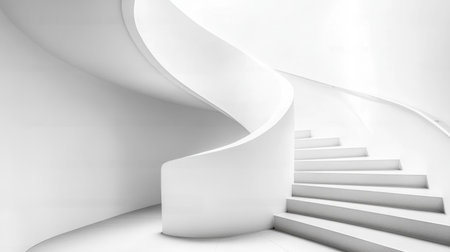 This serene image features an elegant white spiral staircase, showcasing modern architectural design with smooth curves and a minimalistic aesthetic.の素材