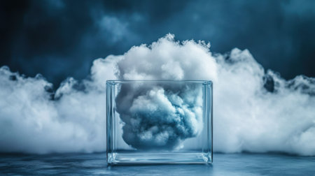 This captivating image features a cloud formation suspended in a glass container, surrounded by ethereal blue hues, evoking tranquility and creativity.の素材