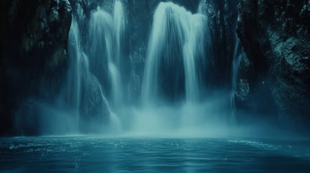 Discover a captivating waterfall that pours into a stunning blue pool, framed by majestic cliffs and enveloped in a soft mist, perfect for nature lovers.の素材