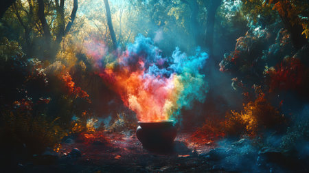 A captivating scene of an enchanted cauldron surrounded by colorful smoke in a mystical forest, capturing the essence of fantasy and magic at dawn.の素材