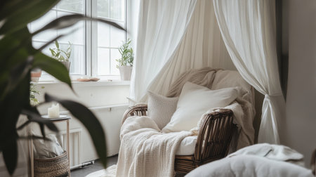 This image features a cozy and inviting indoor seating area with a woven chair draped in soft fabrics, illuminated by natural light from a nearby window. The scene is enhanced by green plants for a tranquil ambiance.の素材