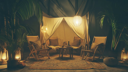 A soft and inviting indoor retreat featuring comfortable seating, natural elements, and warm lighting, perfect for relaxation and cozy gatherings.の素材