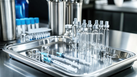 A variety of medical equipment including glass vials and syringes neatly arranged on a metal tray, showcasing a clean and professional clinical environment.の素材