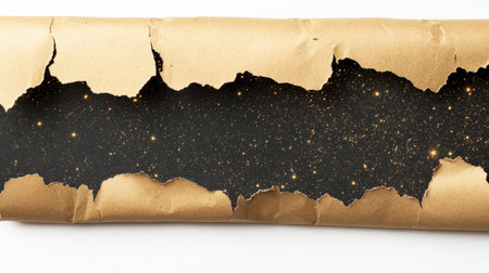 The image features a piece of torn paper that unveils a mesmerizing cosmic starry sky filled with sparkling stars against a deep space background.の素材