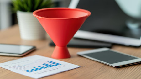 A modern business funnel concept on a wooden desk, surrounded by digital devices, showcasing data analysis and a growth report. Ideal for marketing themes.の素材