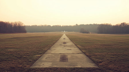 A peaceful airstrip captured during dusk, showcasing an empty runway leading into the distance, surrounded by lush greenery and soft light.の素材