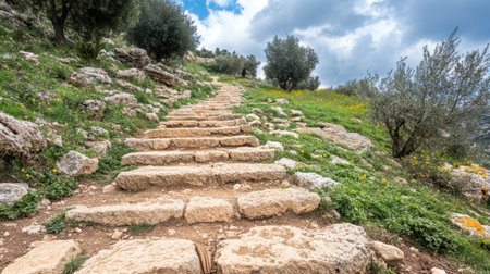 Capture the essence of a nature trail with a pathway of stone steps winding through vibrant greenery and under a dramatic sky, perfect for outdoor enthusiasts.の素材