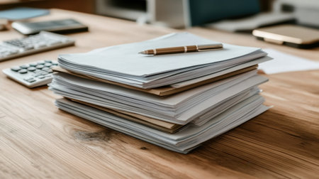 Aesthetically arranged stack of papers on a wooden desk with a pen, showcasing an organized workspace ideal for productive environments and office settings.の素材