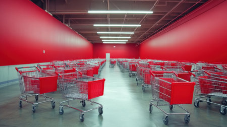 This image showcases a spacious retail area filled with neatly arranged shopping carts against striking red walls. The modern design and minimalist aesthetic create an intriguing shopping experience. The empty aisle invites contemplation of consumer behavior and shopping trends in a vibrant retail environment.の素材