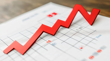 A striking red arrow graph on paper illustrates upward growth trends in business metrics, symbolizing success and financial analysis in a professional setting.の素材