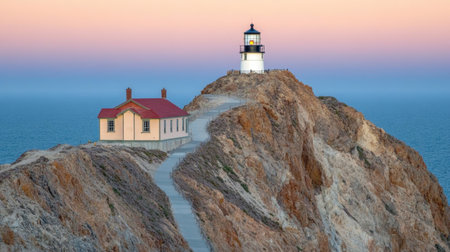 A scenic view of a lighthouse overlooking the ocean at sunset, with a charming historic house nearby. This tranquil landscape captures the beauty of nature.の素材
