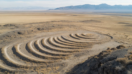 Aerial view of a unique geological formation featuring circular patterns in an arid landscape, surrounded by distant mountains and an expansive sky.の素材