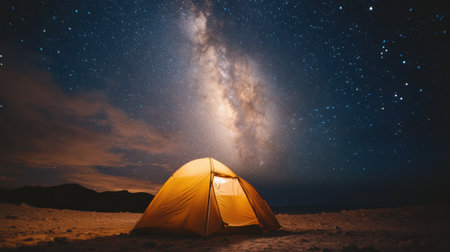 A bright yellow tent stands in a serene landscape under a magnificent starry sky illuminated by the Milky Way, capturing the beauty of nature at night.の素材