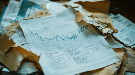 A cluttered workspace featuring crumpled financial documents scattered across a table. Charts and graphs highlight key data points, creating an engaging visual for business and finance themes.の素材