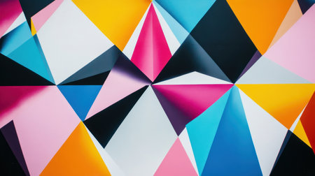 This dynamic abstract background features an array of vibrant geometric shapes in bold colors, perfect for creative design projects and artistic inspiration.の素材