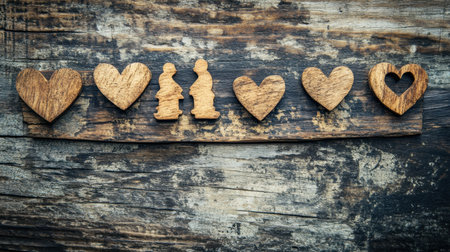 This image showcases various wooden heart shapes alongside a couple silhouette on a rustic wooden background, capturing themes of love and romance.の素材