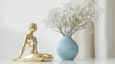 A striking gold sculpture of a seated female figure complements a stylish blue vase filled with delicate white flowers, creating a serene minimalist setting.の素材