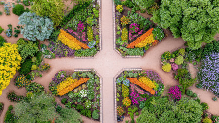 An aerial view captures the intricate design of a vibrant flower garden, showcasing colorful floral displays and serene pathways through lush greenery.の素材