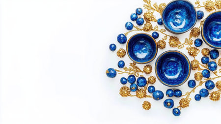 This composition features elegant blue bowls arranged with decorative elements, ideal for styling, table settings, and photography projects focused on aesthetics.の素材
